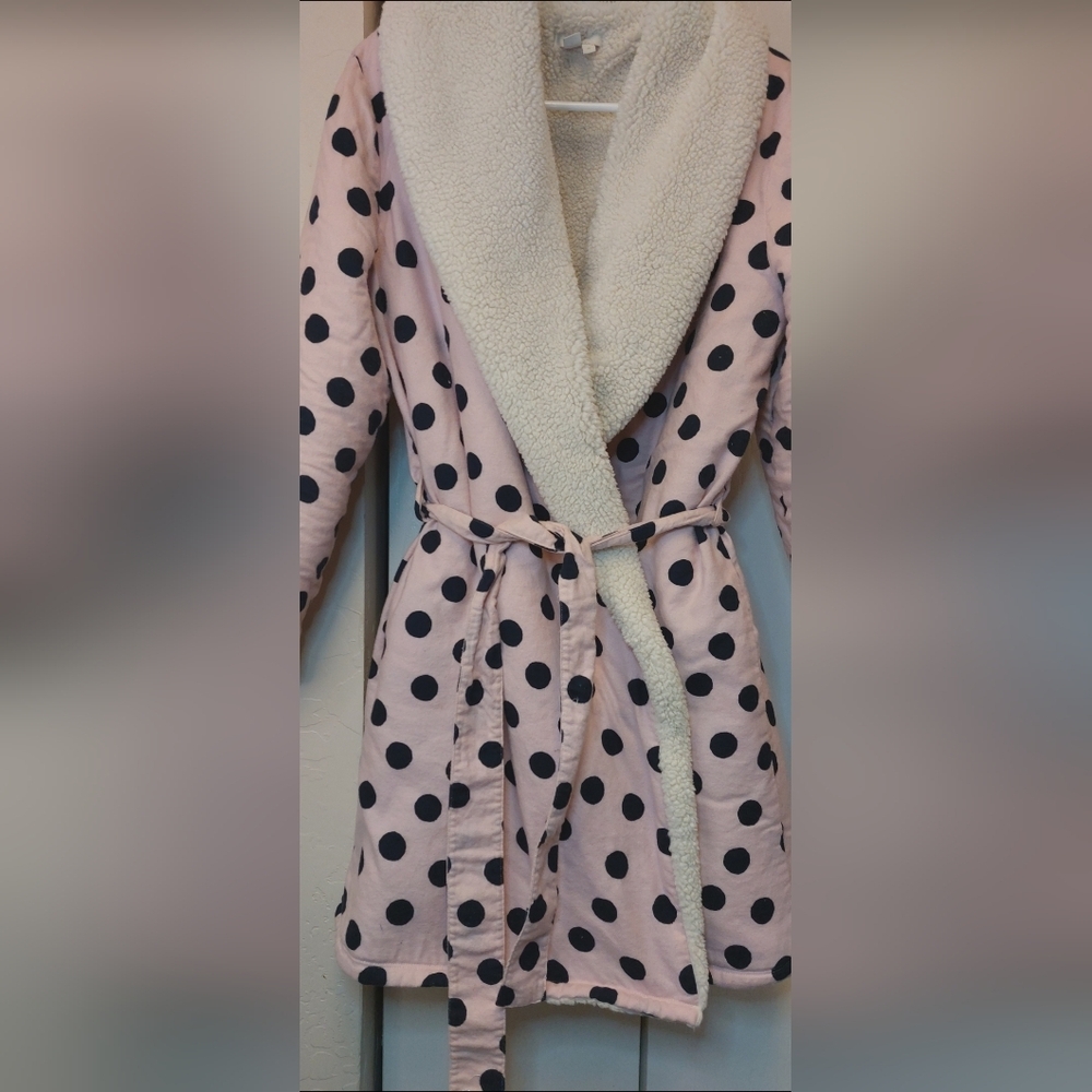Boden Fuzzy Dressing Gown Robe Size Medium Polka-dot Pink Black Cozy Comfy Warm - Picture 2 of 13